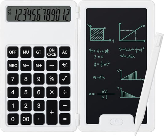 Desk Portable Basic Calculator with Notepad and Stylus, 12 Digit Large Display Multi-Function for Office, School, Home & Basic Financial (White)