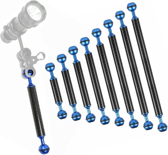 Carbon Fiber Underwater Float Arm, 1-inch Dual Ball Buoyancy Arm for Underwater Camera Tray, Video Light & Strobe for Scuba Diving Photography & Videography (Blue, 9 inches)