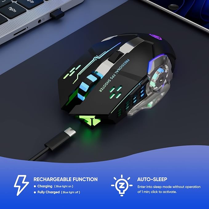 Wireless Gaming Mouse Bluetooth Mouse RGB Rechargeable 2.4G USB Cordless Computer Mice with 7 Color Backlit, 6 Buttons & Silent Click for Laptop, iPad, Mac OS, PC, Windows -Black
