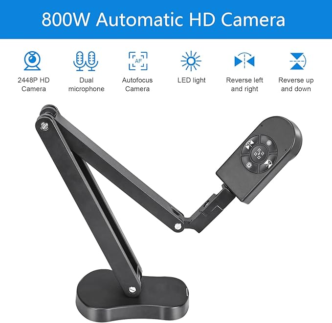 4K USB Document Camera for Teacher, 8MP Webcam & Visualiser for A3 Size with Dual Microphones, 3-Level LED Light, Image Invert, Foldable for Live Demo, Work with Windows, macOS and Chrome OS