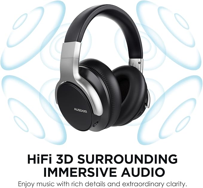 AUSDOM E7 Noise Cancelling Headphones: Wireless Bluetooth Over Ear ANC Headphones with Microphone, 50H Playtime, Hi-Fi Sound, Deep Bass, Comfortable Earpads for Travel Work Home Office