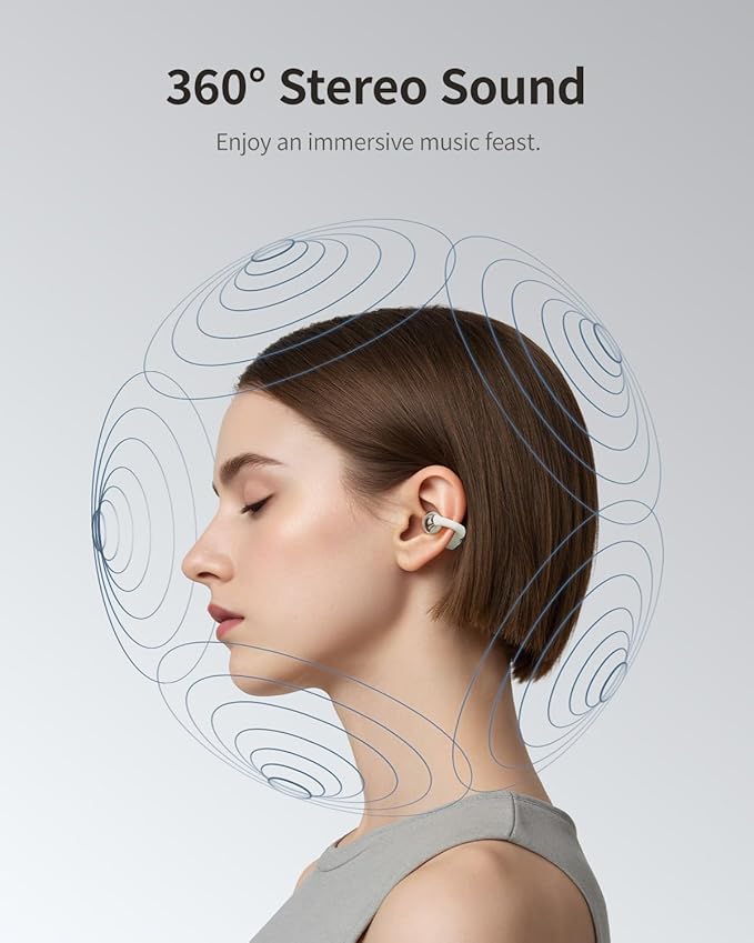 Open-Ear Earbuds, Clip-On Headphones, Open-Ring Comfort Wireless Bluetooth Earbuds, Dual Connection, 30H Playtime, Comfortable for Workouts and Daily Use, White