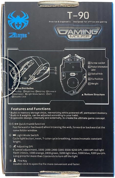 zelotes T90 Gaming Mouse 9200 DPI, 8 Programmable Buttons Multi-Modes LED Lights USB Gaming Mice, Weight Tuning for Laptop, Desktop, PC,- Black