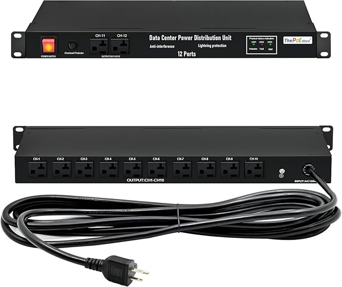 1U PDU Network Servers Surge Protector Power Distribution Unit 12-Outlet, 120V 20A, 3600 Joules 10KA,19″ Rack Mount Power Strip,Heavy-Duty 12AWG 16 ft Cord,w/AC Filter, ETL Listed, by ThePoEstore