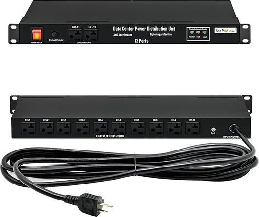 1U PDU Network Servers Surge Protector Power Distribution Unit 12-Outlet, 120V 20A, 3600 Joules 10KA,19″ Rack Mount Power Strip,Heavy-Duty 12AWG 16 ft Cord,w/AC Filter, ETL Listed, by ThePoEstore