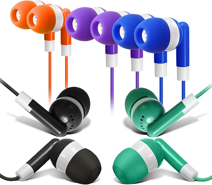 Bulk Earbuds Headphones 100 Pack Earphones Wholesale Classroom Ear Buds Kids Bulk Headphones Mixed 5 Assorted Colors Earbuds for Schools, Libraries, Hospitals (Mixed-Color)