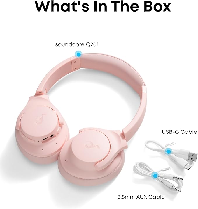 Soundcore by Anker Q20i Hybrid Active Noise Cancelling Headphones, Wireless Over-Ear Bluetooth, 40H Long ANC Playtime, Hi-Res Audio, Big Bass, Customize via an App, Transparency Mode (Pink)