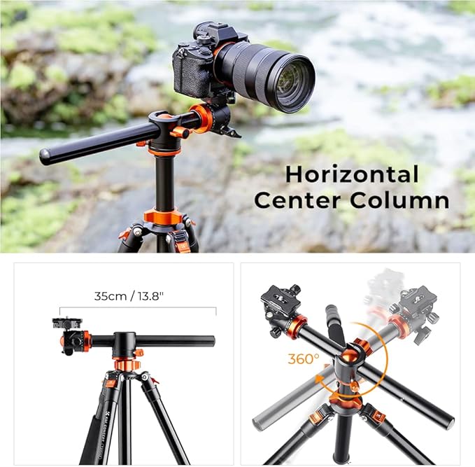 K&F Concept 73 inch /186cm Camera Tripod,Transverse Center Column Aluminium DSLR Tripod with 360 Degree Ball Head 10kg Load Capacity,Quick Release Plate,Detachable Monopod T255A3+BH-28L