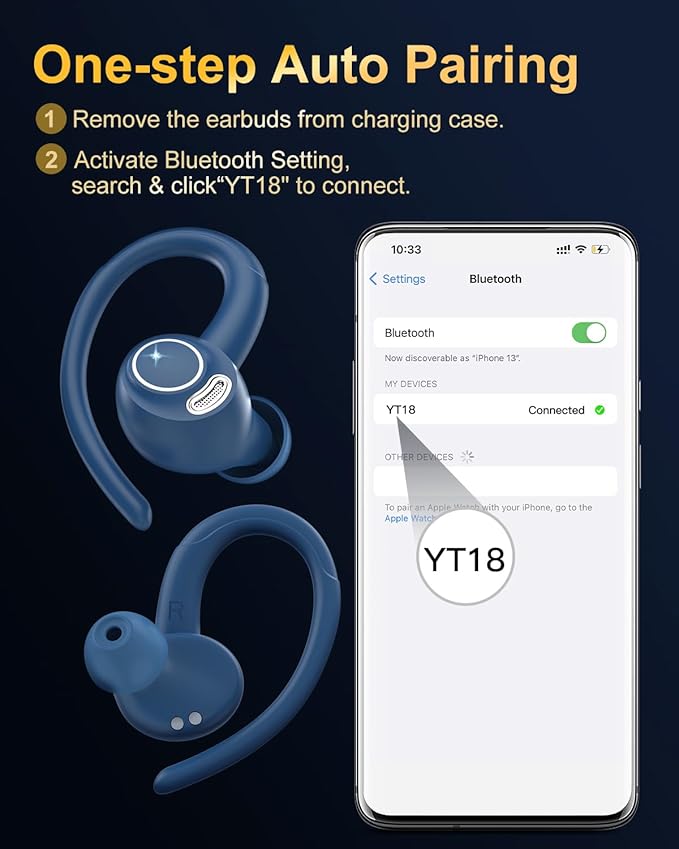 Wireless Earbuds, Bluetooth 5.4 Headphones Sport, Over Ear Buds with ENC Noise Cancelling Mic, 48H, Wireless Earphone with Earhooks, Stereo Deep Bass, IP7 Waterproof Ear Bud for Workout Running, Blue