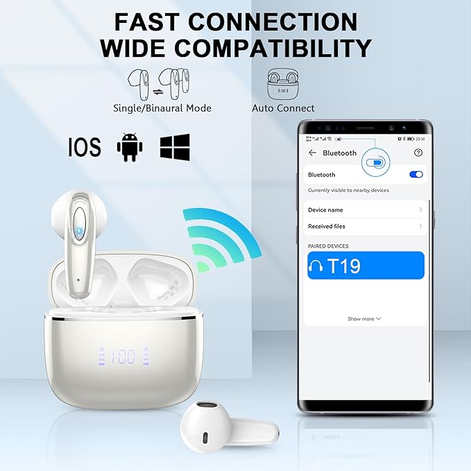 Wireless Earbud, Bluetooth Headphones 5.3 Built in 4 ENC Mic, Stereo Bass Wireless Earphones, 40H Bluetooth Earbud in-Ear Dual LED Display, USB-C, IP7 Waterproof Sport Ear Buds for Android iOS, Sliver