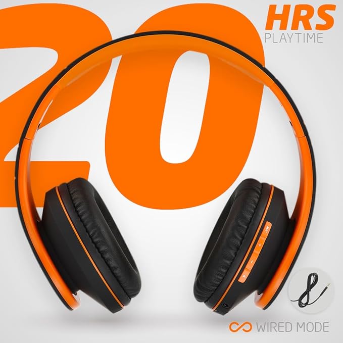 PowerLocus Bluetooth Over-Ear Headphones, Wireless Stereo Foldable Headphones Wireless and Wired Headsets with Built-in Mic, Micro SD/TF, FM for iPhone/Samsung/iPad/PC (Black/Orange)