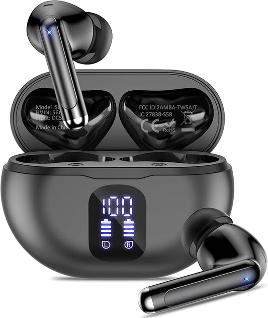 Bluetooth Headphones True Wireless Earbuds 50H Playback LED Power Display Earphones with Charging Case IPX7 Waterproof in-Ear Ear Buds with Mic for Smart Phone Computer Sports, Black