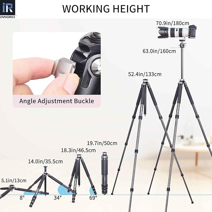 Carbon Fiber Tripod-INNOREL GT254C Professional Camera Stand Compact Portable Tripod for Digital DSLR Camera 4-Section Camera Stand Support with Special-Shaped Center Column Load 33lb/15kg
