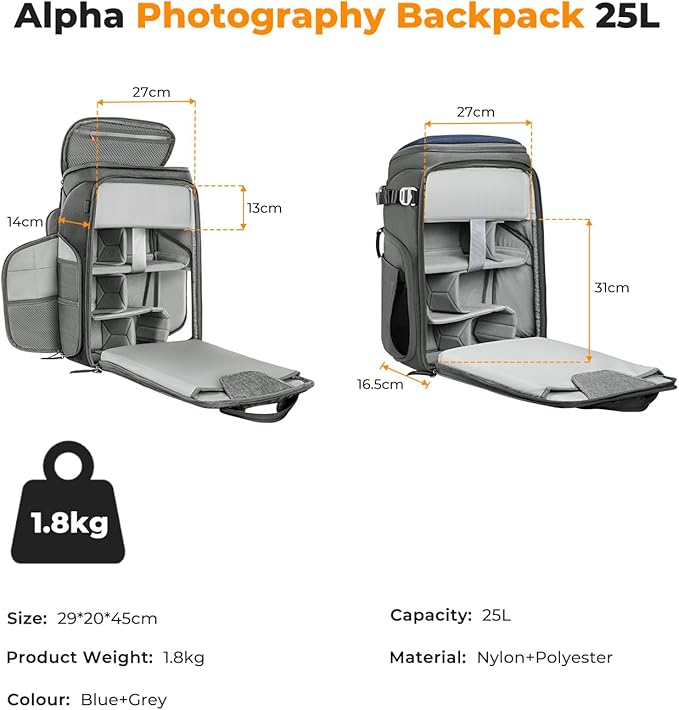 K&F Concept Camera bags Waterproof 25L Large Capacity Camera Case with Raincover Camera Case 15.6 Inch Laptop Compartment Compatible with Canon/Nikon/Sony/DJI Mavic Drone Travel Camera Backpack