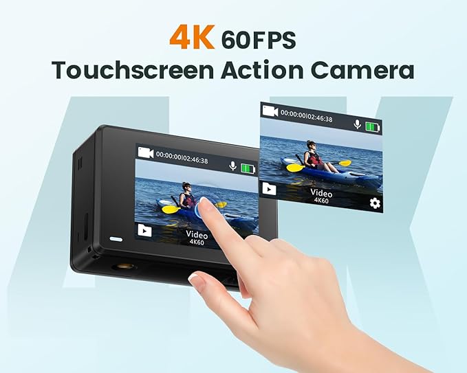 4K60FPS Action Camera Touchscreen, 40M Waterproof Underwater Camera with 64G SD Card, 6-Axis Stabilization Motorcycle Camera 8X Zoom with 2.4G Remote Control 2 * 1350 mAh Batteries