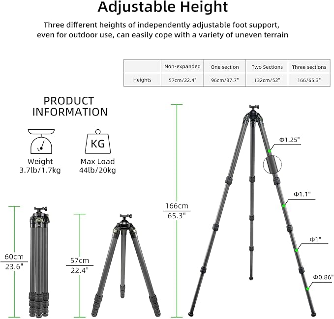 FANAUE Carbon Fiber Tripod with 360° Ball Head & Arca-Swiss Quick Release, Adjustable Legs, Max Load 44lb/20kg, for Hunting and Outdoors Photography