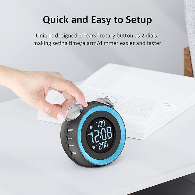uscce Loud Dual Alarm Clock with Bed Shaker - 0-100% Dimmer, Vibrating Alarm Clock for Heavy Sleepers or Hearing Impaired, Easy to Set, USB Charging Port, Snooze, Battery Backup (Blue)