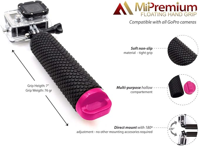 Waterproof Floating Hand Grip Compatible with GoPro Hero 12 11 10 9 8 7 6 5 4 3+ 2 1 Session Black Silver Handler & Handle Mount Accessories Kit for Water Sport and Action Cameras (Rose Red)