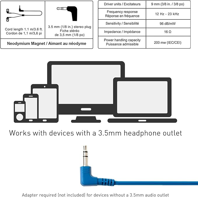 Panasonic ErgoFit Wired Earbuds, 3.5mm Jack in-Ear Headphones with Dynamic Crystal-Clear Sound and Soft Ergonomic Custom-Fit Earpieces (S/M/L), for Phones and Laptops - RP-HJE120-AA (Metallic Blue)