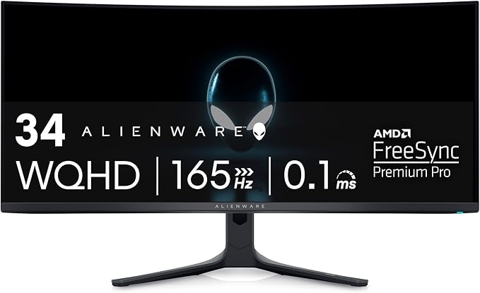 Alienware AW3423DWF Curved QD-OLED Gaming Monitor - 34-inch Quantum Dot OLED 0.1Ms 165Hz 21:9 Curved Display, 99.3% DCI-P3 Color Gamut, VESA DisplayHDR True Black 400, AMD FreeSync Premium Pro - Black