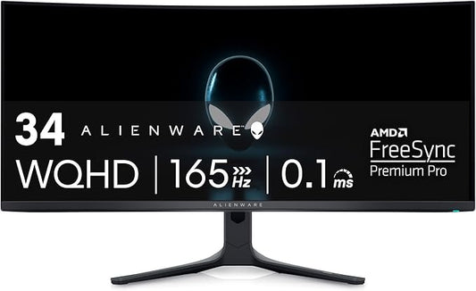Alienware AW3423DWF Curved QD-OLED Gaming Monitor - 34-inch Quantum Dot OLED 0.1Ms 165Hz 21:9 Curved Display, 99.3% DCI-P3 Color Gamut, VESA DisplayHDR True Black 400, AMD FreeSync Premium Pro - Black