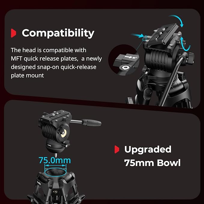SmallRig FreeSpeed Heavy Duty Video Tripod, 74" Camera Tripod with 360° Fluid Head for Manfrotto Plate, One-Knob Quick Extend, 75mm Bowl, Load up 17.64lb for DSLR Mirrorless Camera, Camcorder- FSD14