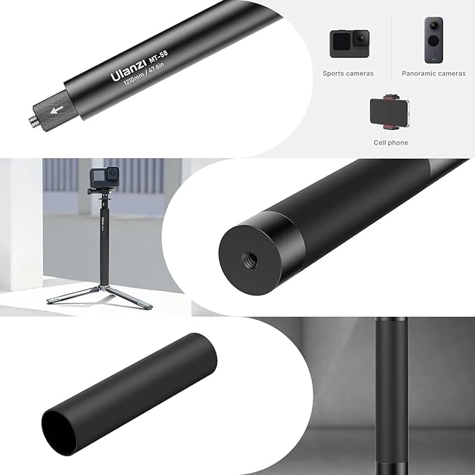 47.64" Action Cameras Selfie Stick Extendable for Insta360 Sports Camera, Selfie Vlogging Invisible Extension Pole