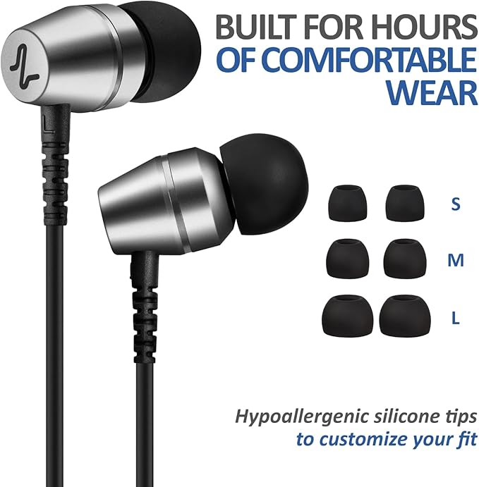 LUDOS OMNITONE Wired Earbuds in-Ear Headphones, 5 Years Warranty, Earphones with Microphone, 3.5 mm Jack Corded Ear Buds, Videoconference for iPhone, Samsung, Laptop, Kids, School Students - Grey