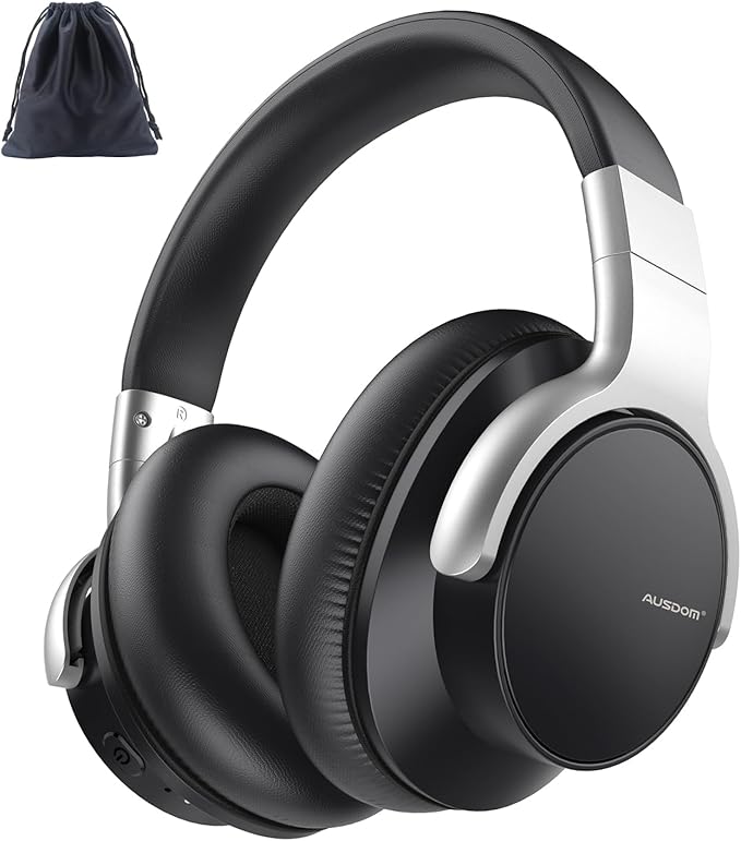 AUSDOM Bluetooth Headphones Noise Cancelling: Over Ear Wireless ANC Headphones with Microphone, 50Hrs Playtime, Deep Bass, Hi-Fi Sound, Comfortable Ear Cushions for Travel Work Cellphones, Silver