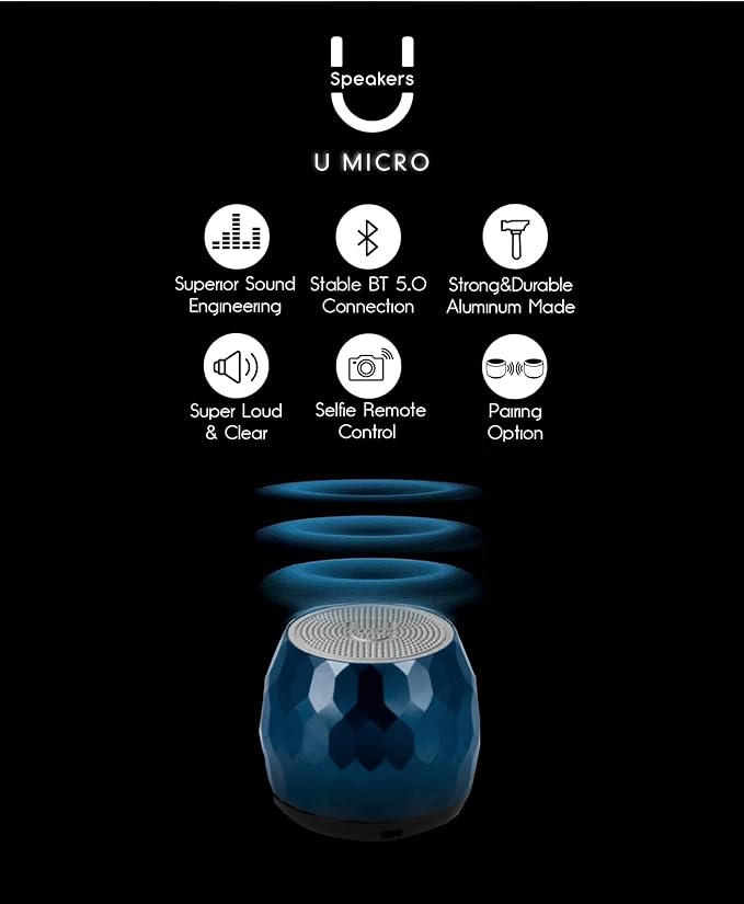 Fashionit U Micro - Small Bluetooth Speaker | Coin-Sized Speakers Bluetooth Wireless with Built-in Mic & Remote Shutter | Portable Rich Sound for Travel, Shower, Beach |Glam Midnight Blue