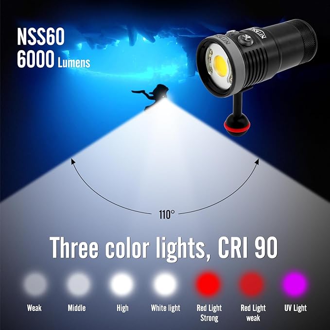 NSS60 Scuba Diving Light Underwater Video Light 6000 Lumen Waterproof Flashlight for 100m/330ft CRI=90 Underwater Photography,which Connected to Filters or Optical Snoot