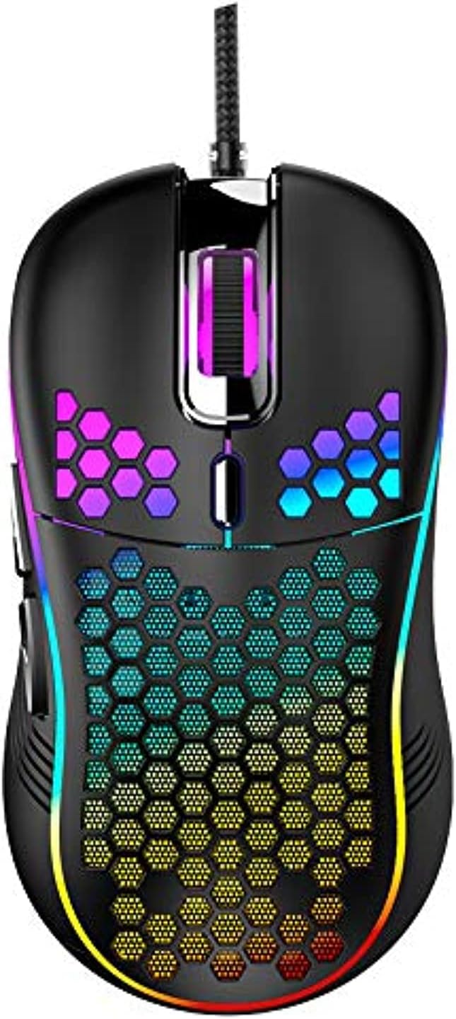 Honeycomb Wired Gaming Mouse with RGB On/Off Switch, 7200 Adjustable DPI, Ergonomic Lightweight Design & High Precision Sensor for PC/Mac Gamers (Black)