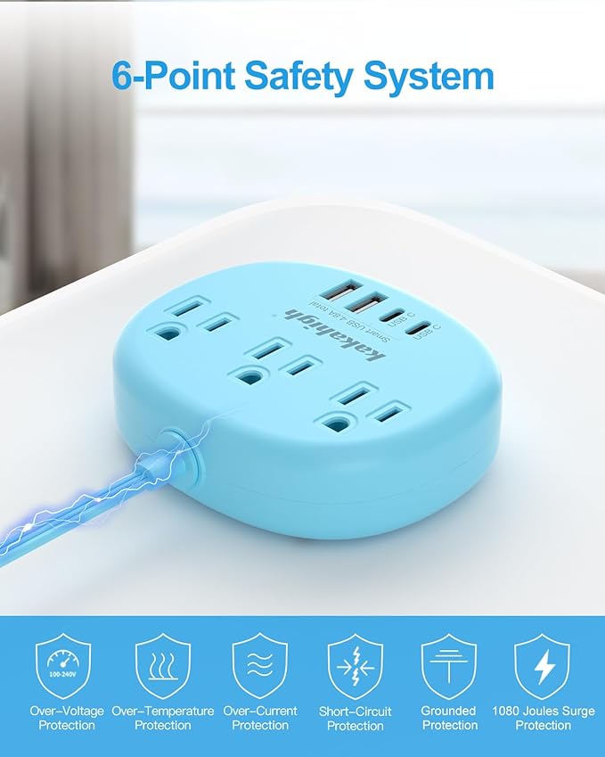 Blue Extension Cord with Surge Protected 1080J - 5 FT Flat Extension Cord, 1625W Cute Extension Cord with 3 AC Outlet 4 USB (24W/4.8A), Compact for Cute Blue Kawaii Desk Accessories