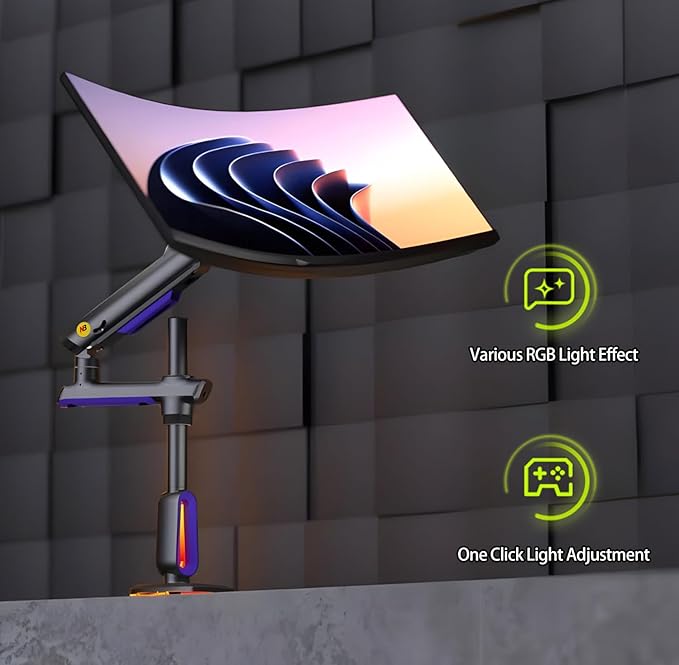 NB Extra Height Gaming Monitor Arm for 32 to 60 Inches Screen, Load up to 20 kg, VESA 75/100, RGB-Light, Heavy Duty, Multi Angle Adjustable, Premium Aluminum, Long Arm Extension Purple Blue