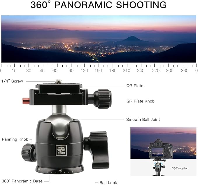 SIRUI Traveler 5AX 52″Aluminum Camera Tripod, 360° Panorama B-00K Ball Head and Arca Swiss Quick Release Plate, Folded Height 12.4", Load up to 6kg/13.2lbs