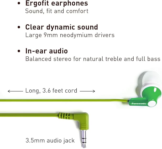 Panasonic ErgoFit Wired Earbuds, 3.5mm Jack In-Ear Headphones with Dynamic Crystal-Clear Sound and Ultra Soft Ergonomic Custom-Fit Earpieces (S/M/L), for Phones and Laptops - RP-HJE120-G (Green)