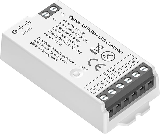 BTF-LIGHTING Tuya Zigbee 3.0 C04Z Controller Support RGBW Color 5pin (+V R G B W) PWM LED Strip Bulb Compatible with Echo Plus/4th Gen Tuya Gateway DC5V/DC12V/DC24V Max 15A