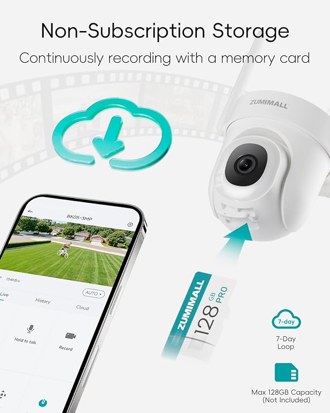 ZUMIMALL 3MP Outdoor Camera Wired 2.4G/5G WiFi - 2-Pack, 24/7 Recording, AI Motion Detection, Cloud & SD Card Storage, 2-Way Audio, PTZ Camera Auto Tracking, Work with Alexa Google