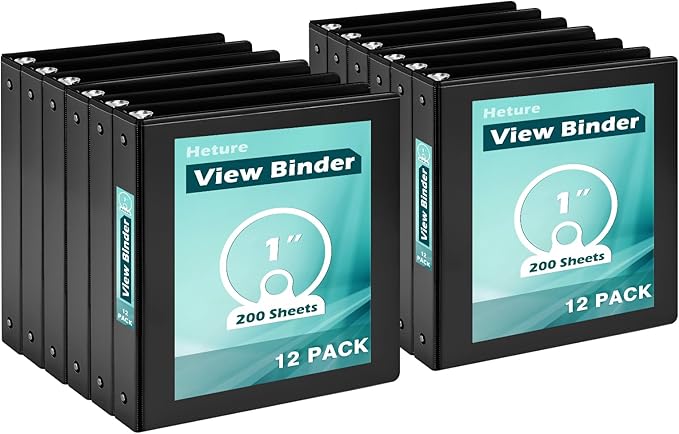 3 Ring Binder 1 Inch 12 Pack, 1" Clear View Round-Ring-Binder, PVC-Free,Holds for 200 Sheets 8.5" x 11" US Letter Size Paper, Durable Black Binders Perfect for Office,School and Home