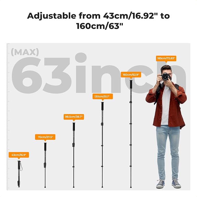 K&F CONCEPT Camera Monopod, 63" Aluminum Photography Monopod with 5-Section Height, Lightweight & Portable Camera Accessories, Payload 11lb