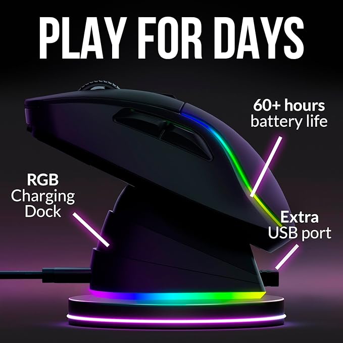 KLIM Blaze Y RGB Rechargeable Wireless Gaming Mouse with Charging Dock - RGB, High-Precision Sensor, Long-Lasting Battery - Up to 6000 DPI - Great PC Gaming Mouse - Wired and Wireless