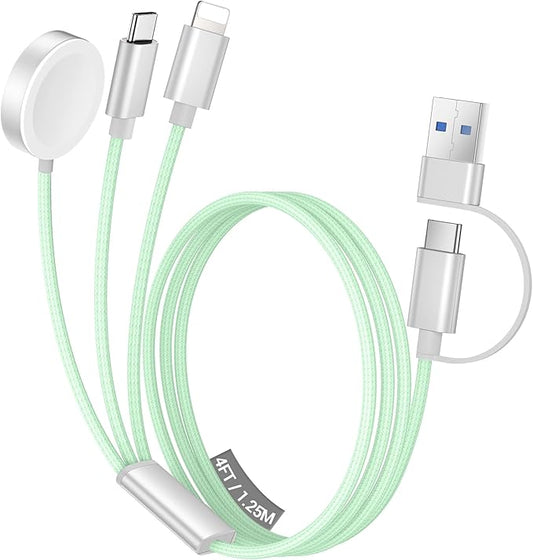 Temdan for Travel Vacation Essentials,3 in 2 USB C Cable for Apple Watch Charger/iPhone 17 Charger/Lightning,Multi Charging Cable Cord,Camping Essentials,Designed for iWatch &iPhone 16-12-4FT Green