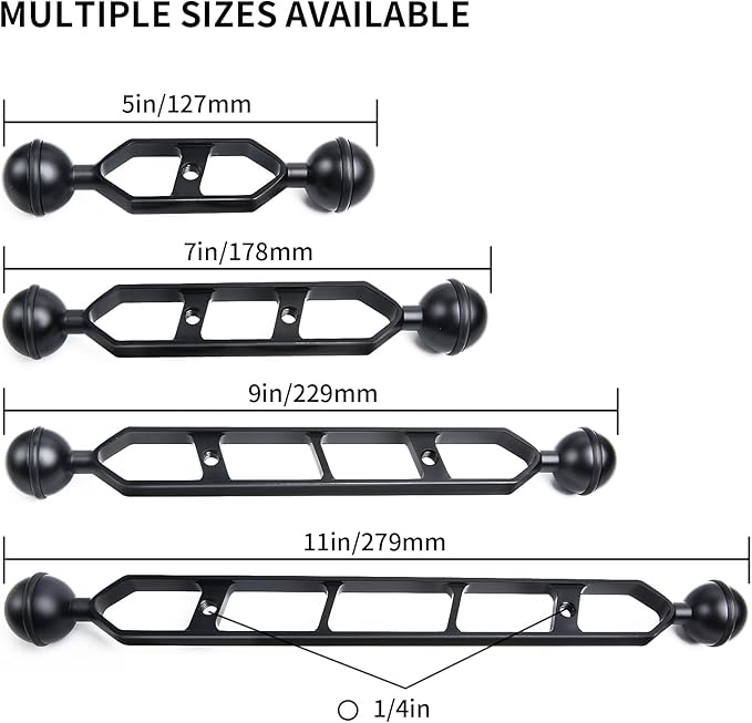Black 11" Underwater Aluminum Alloy Extension Arm (2Pack) - Dual Ball System with 1" Head Connector, Waterproof & Rustproof for Diving Camera Tray/Strobe/Video Light, Scuba Photography Gear