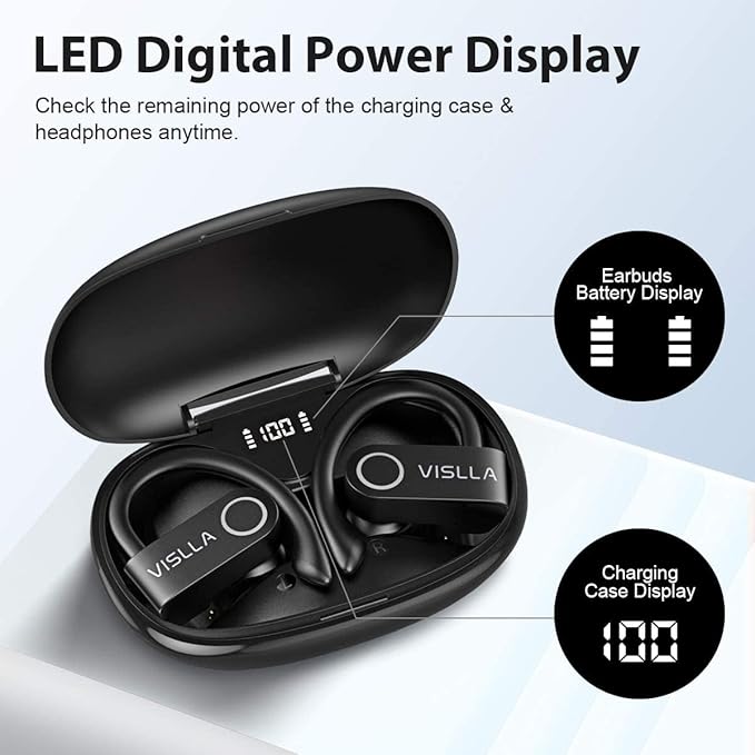 Vislla Wireless Earbuds, Bluetooth Headphones,11H Playback time on a Single Charge, in-Ear Earphones with Earhooks Built-in Microphone Waterproof Sport Earphones for Running Workout Gym Black
