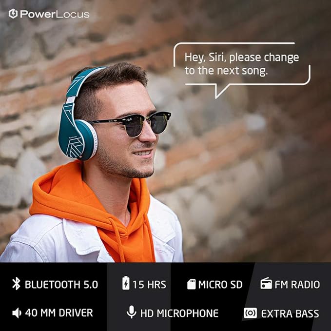 PowerLocus Bluetooth Over-Ear Headphones, Wireless Stereo Foldable Headphones Wireless and Wired Headsets with Built-in Mic, Micro SD/TF, FM for iPhone/Samsung/iPad/PC (Blue/White)