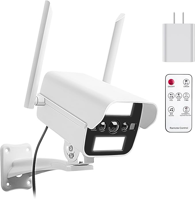 Fake Security Camera with Motion Sensor Light&Audio& Sound&Doorbell for Outdoor, Decoy Simulated Dummy Surveillance Cameras for Inside, IP54, Warning Sticker Included (Power Adapter)