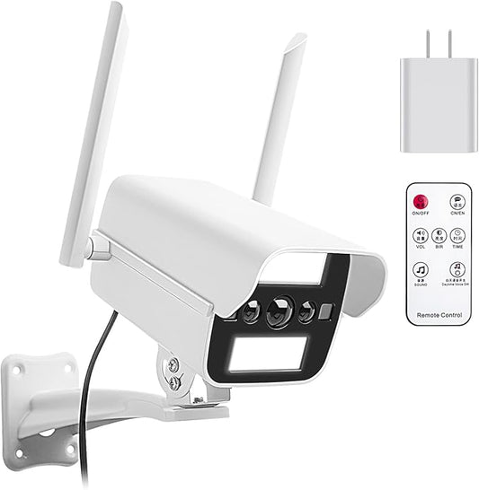 Fake Security Camera with Motion Sensor Light&Audio& Sound&Doorbell for Outdoor, Decoy Simulated Dummy Surveillance Cameras for Inside, IP54, Warning Sticker Included (Power Adapter)