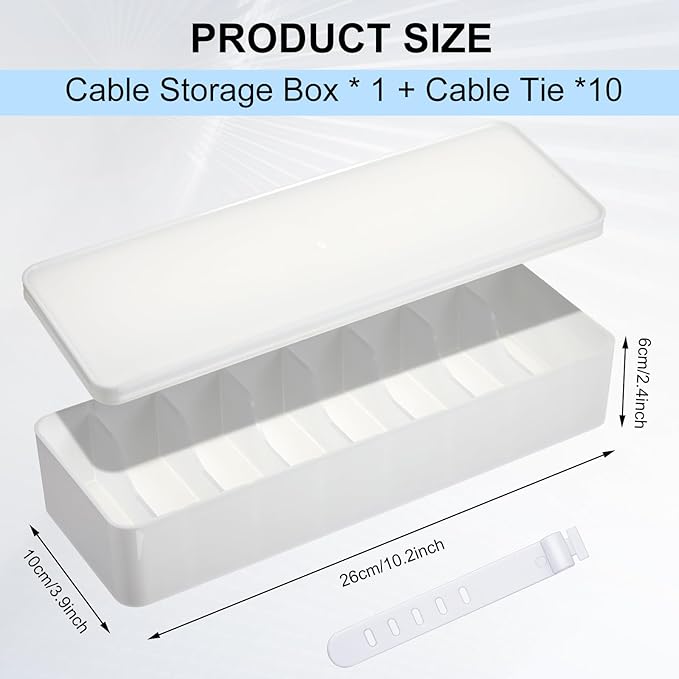 Tatuo 2 Pcs Cable Organizer Box with Wire Ties, Plastic Cord Storage Box with Lid, Electronics Organizer for Home Office Desk Organizers and Accessories (10.79'' X 3.78'' X 1.97'',White)