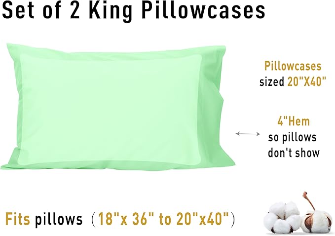 Sunflower King Pillowcases Set of 2, 100% Cotton King Size Pillow Cases 2, 20×40 inches Green Ash, Soft and Breathable
