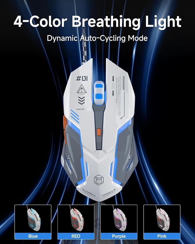 EWEADN G10 Wired Gaming Mouse, Computer Mouse with RGB Backlit, 3200 DPI Adjustable, Quiet Clicks, Ergonomic Mouses with 6 Buttons and 4.2FT Cord, USB Wired Mouse for PC/Win/Laptop, Gray-White